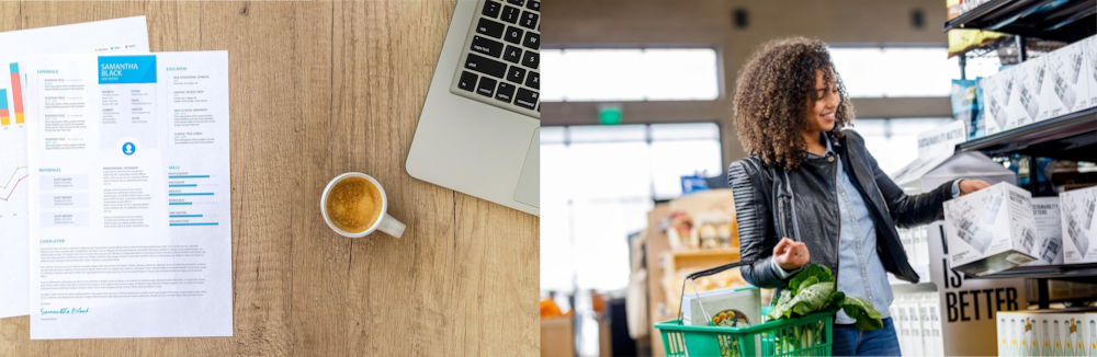 Resume being reviewed alongside a woman grocery shopping, showing Spanish used in career and daily life